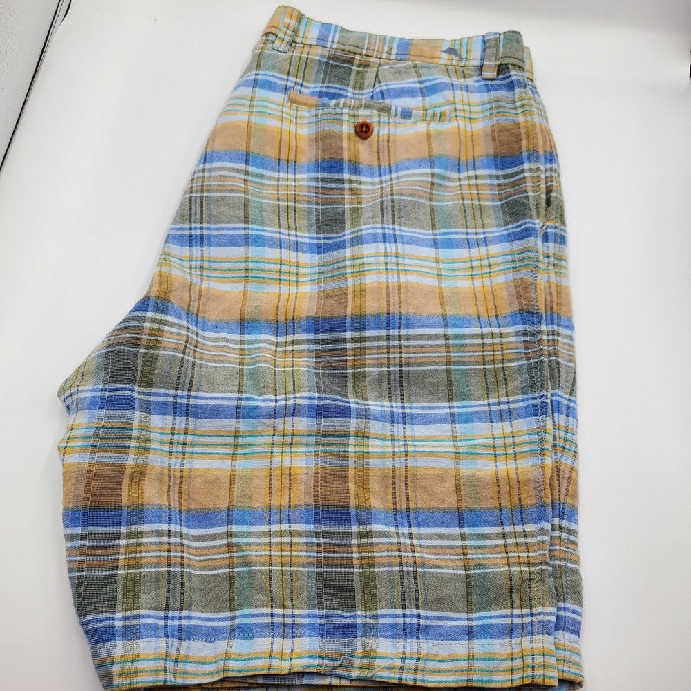 Tommy Bahama Mens 38 Plaid Linen Tencel Shorts Blue Gold Green Coastal